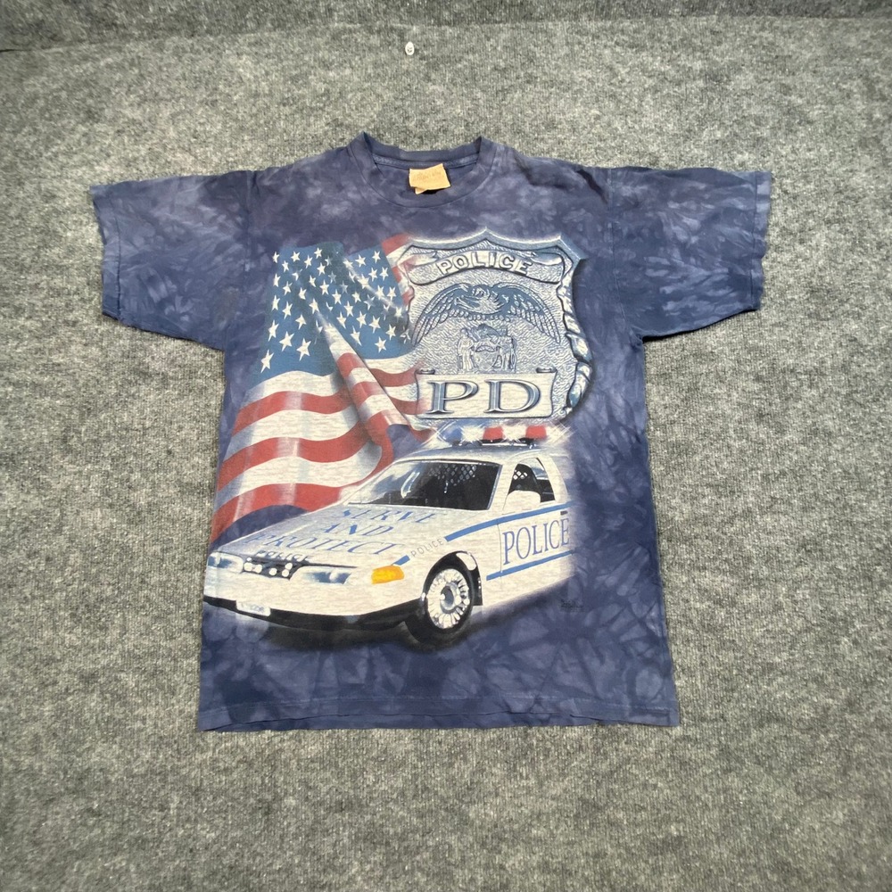 Vintage The Mountain Police Car American Flag Tie Dye T-Shirt Mens Blue L